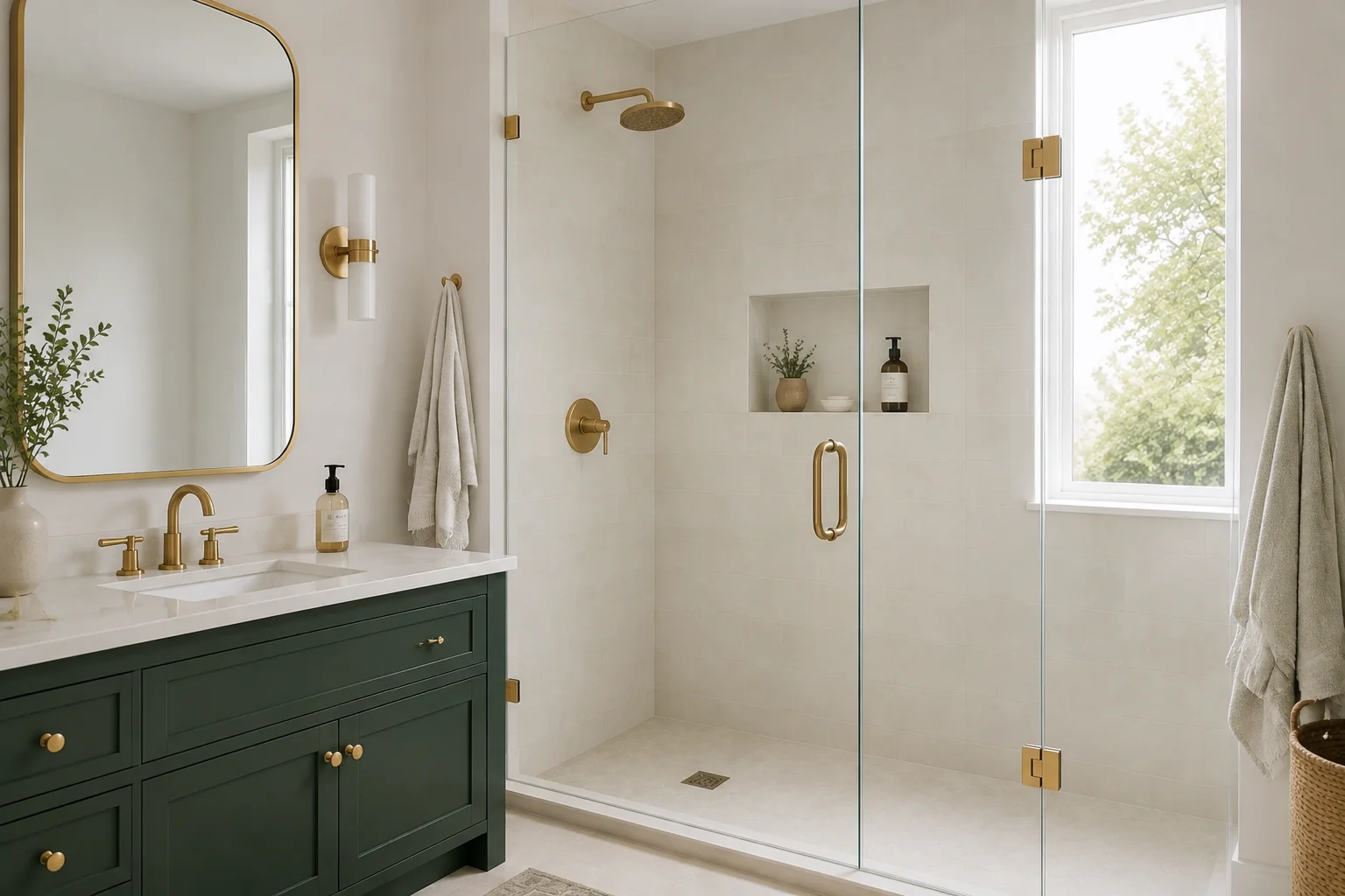 Daylit ivory bathroom with a frameless glass shower door, deep green vanity, and brushed gold hardware