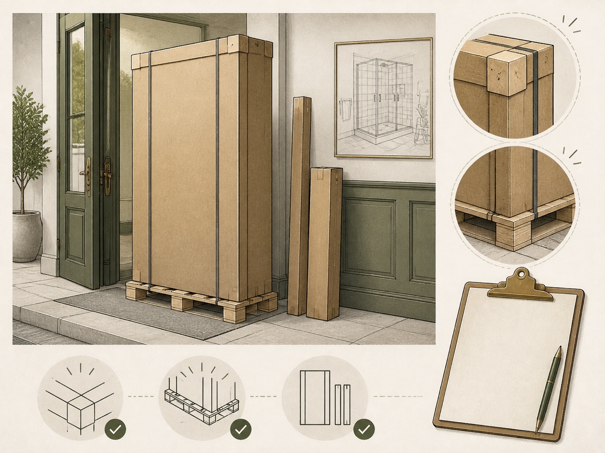 Editorial illustration of a shower-door shipment ready for a careful delivery inspection