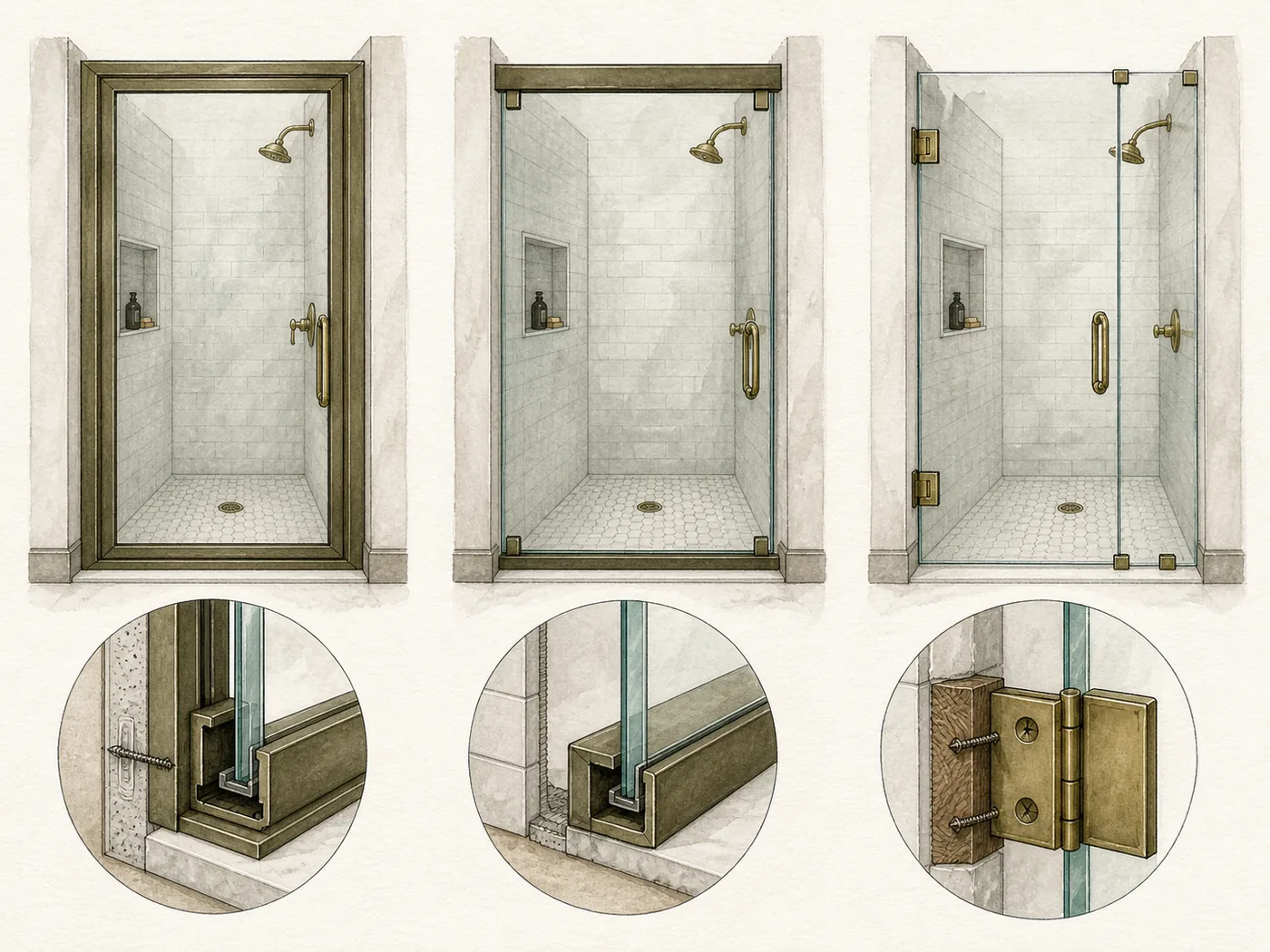 Construction comparison of framed, semi-frameless, and frameless shower doors with enlarged hardware details.