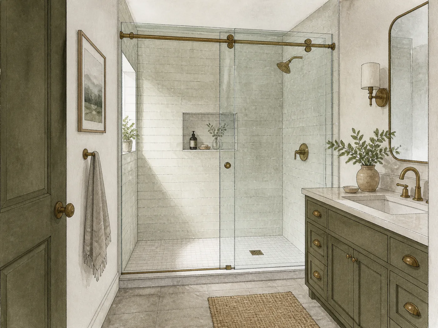 Architectural watercolor of a frameless sliding shower door in a compact bathroom