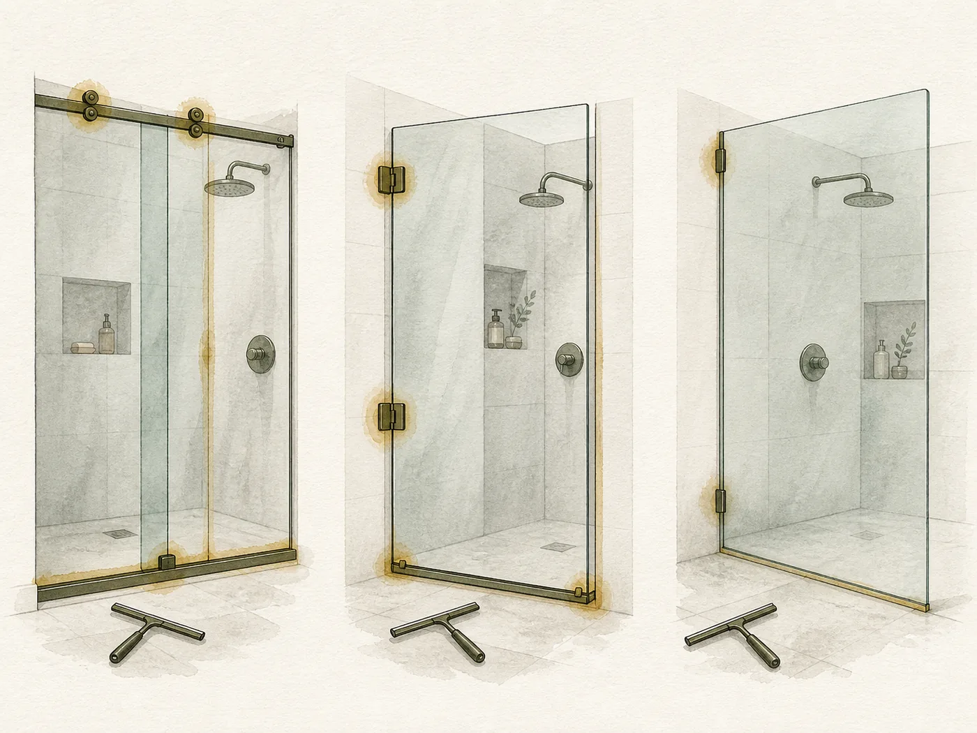 Cleaning and wear hotspots on sliding, hinged, and fixed frameless shower glass.