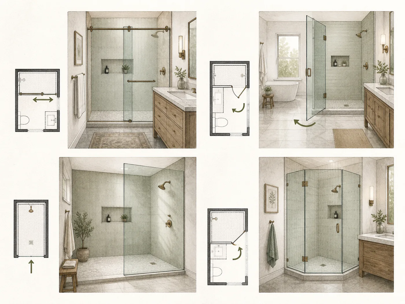 Four bathroom layouts showing when to choose a sliding door, hinged door, fixed screen, or neo-angle enclosure.
