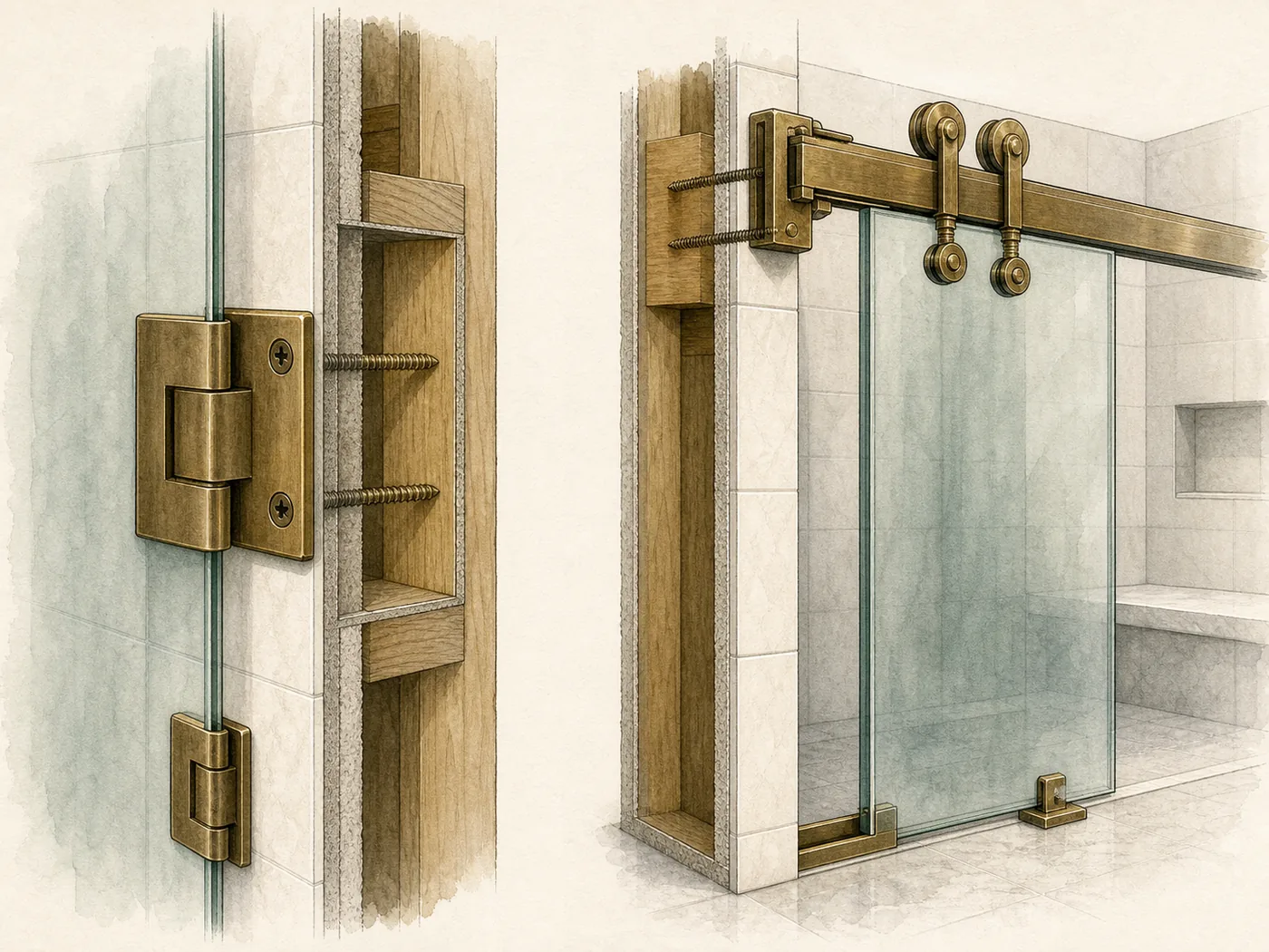 Cutaway showing wall-hinge and sliding-rail fasteners anchored through tile into solid wood backing.