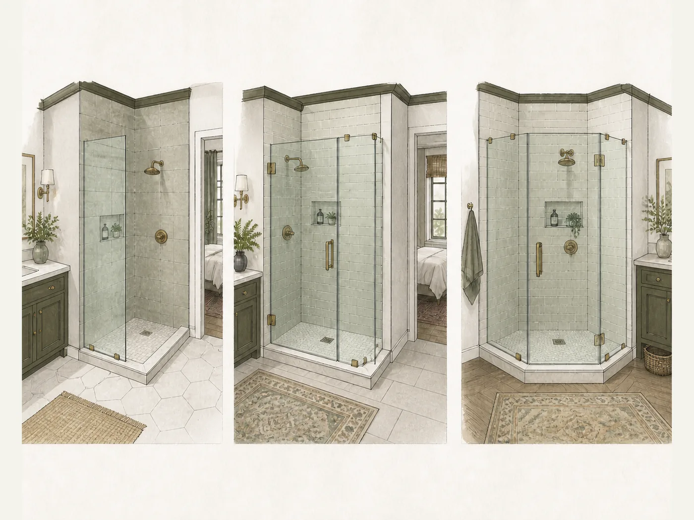 Comparison of a fixed shower screen, a door with a fixed inline panel, and a neo-angle enclosure.