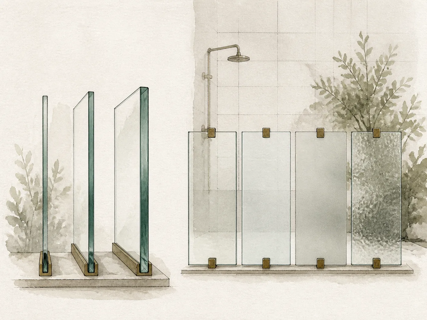 Material study comparing progressively heavier shower glass edges and clear, low-iron, frosted, and textured finishes.