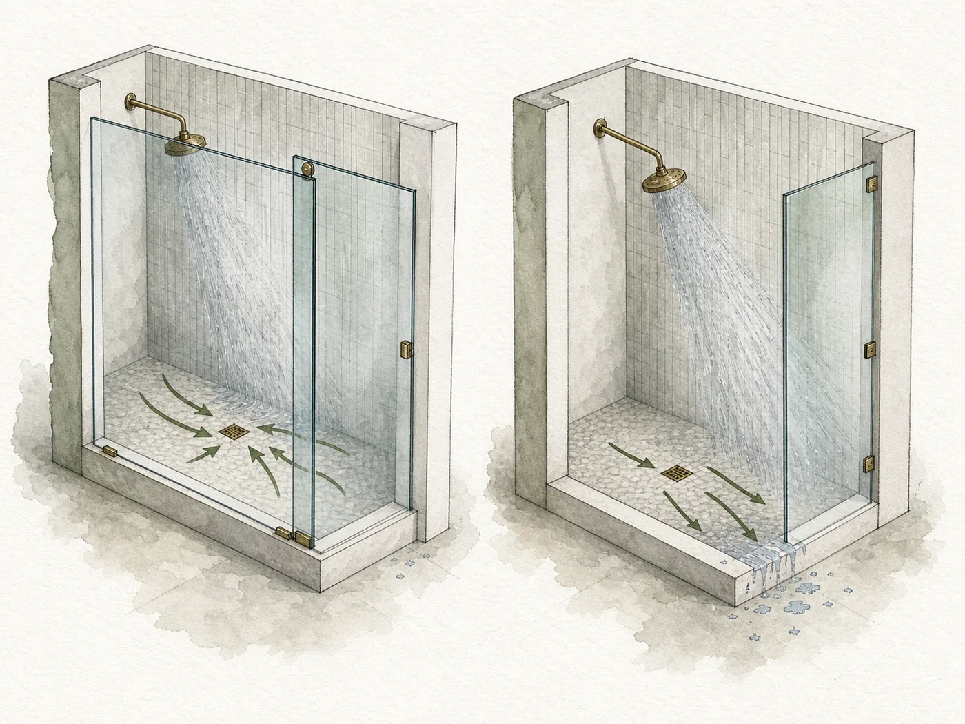 Two shower layouts comparing controlled water flow toward the drain with direct spray escaping through an open edge.