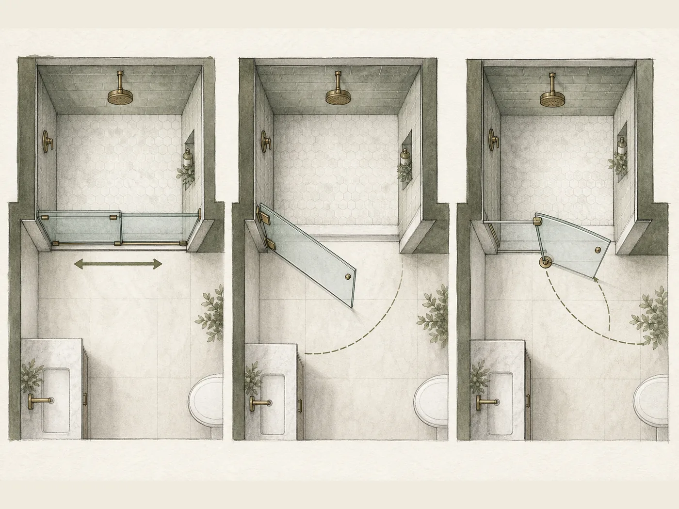 Top-down comparison of sliding, wall-hinged, and offset-pivot shower-door movement.