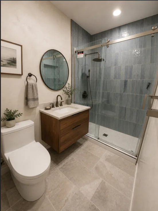 Completed Delta Commix sliding shower door in a Round Rock bathroom, with a vanity directly beside the left side of the shower