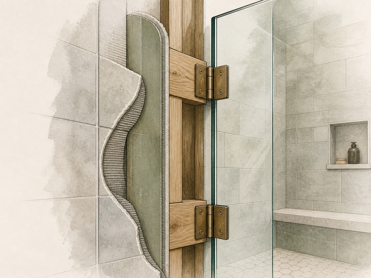 Editorial cutaway illustration of shower-door hinges fastened to solid wall backing