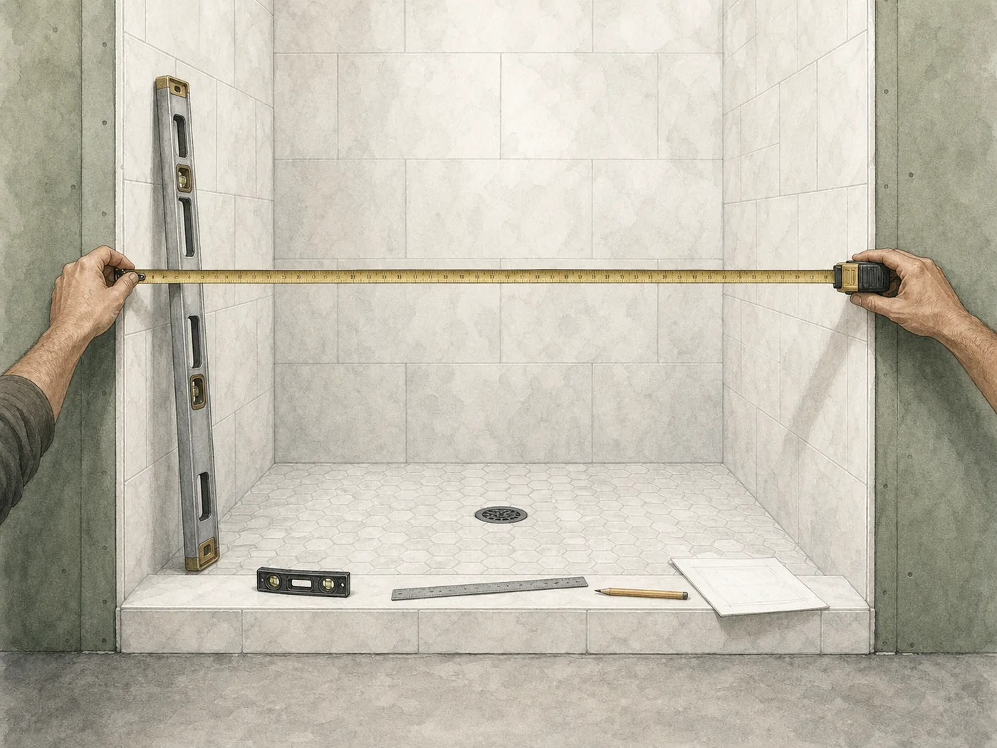 A tape measure and level positioned across a finished tiled shower opening