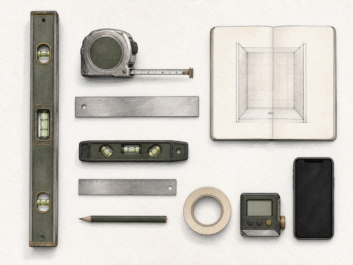 Tape measure, box level, torpedo level, steel ruler, pencil, notebook, masking tape, angle finder, and phone arranged for measuring a shower door