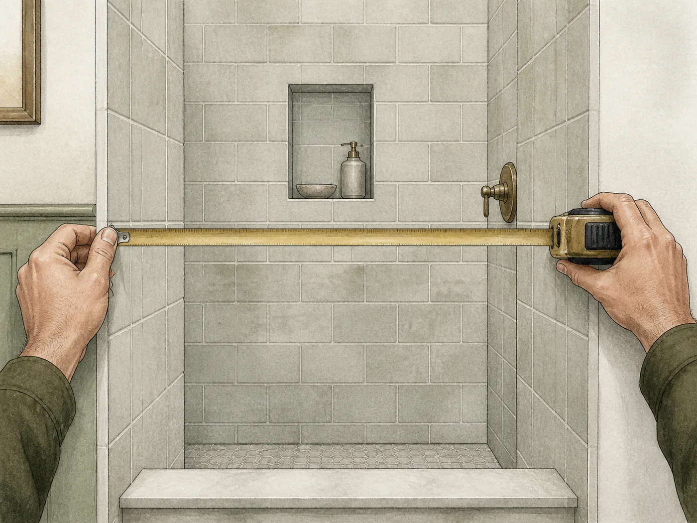 Hands holding a tape measure horizontally between the finished tiled walls of a shower opening