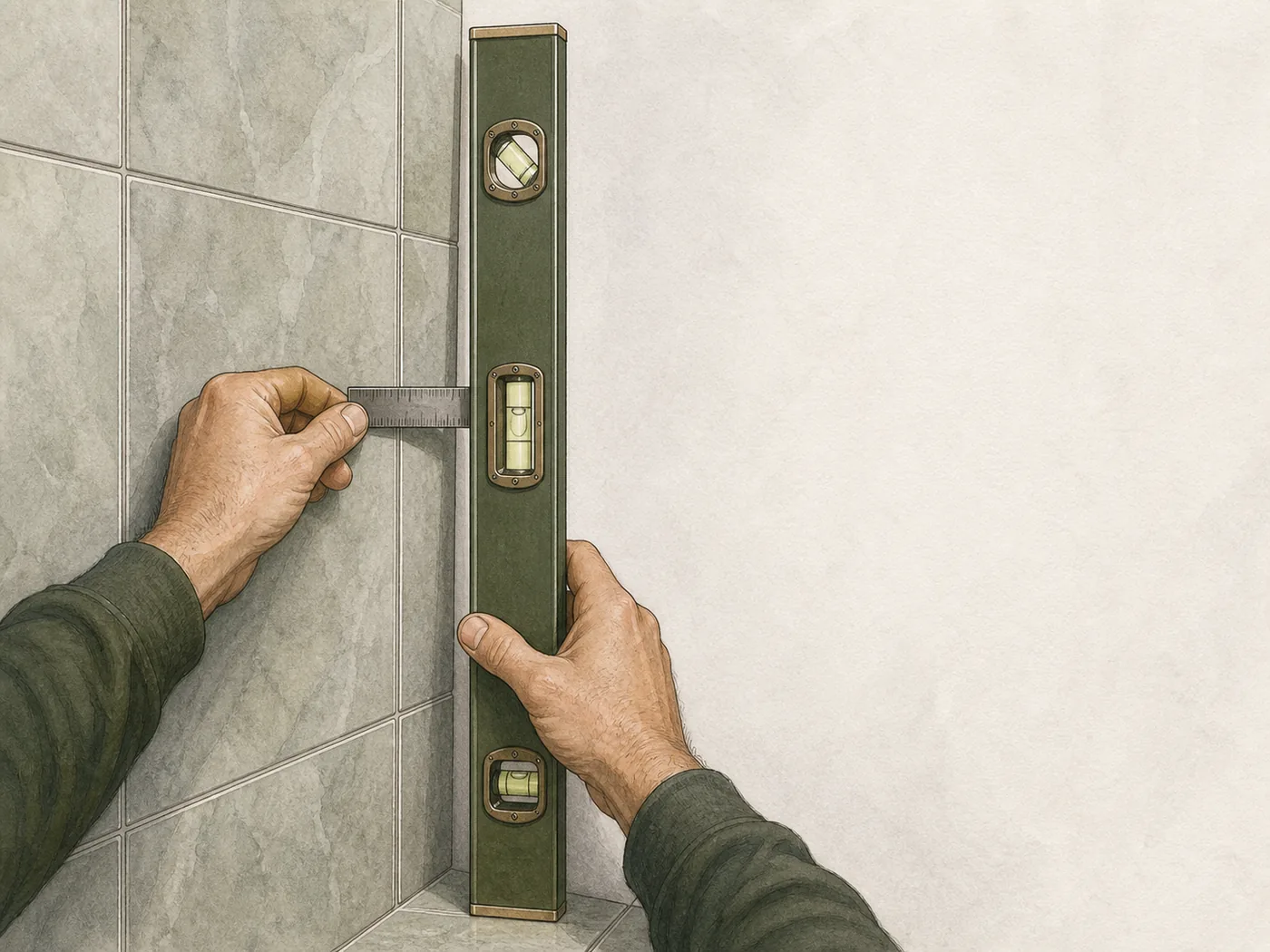 Installer using a steel ruler to measure the gap between a vertical level and a finished shower wall