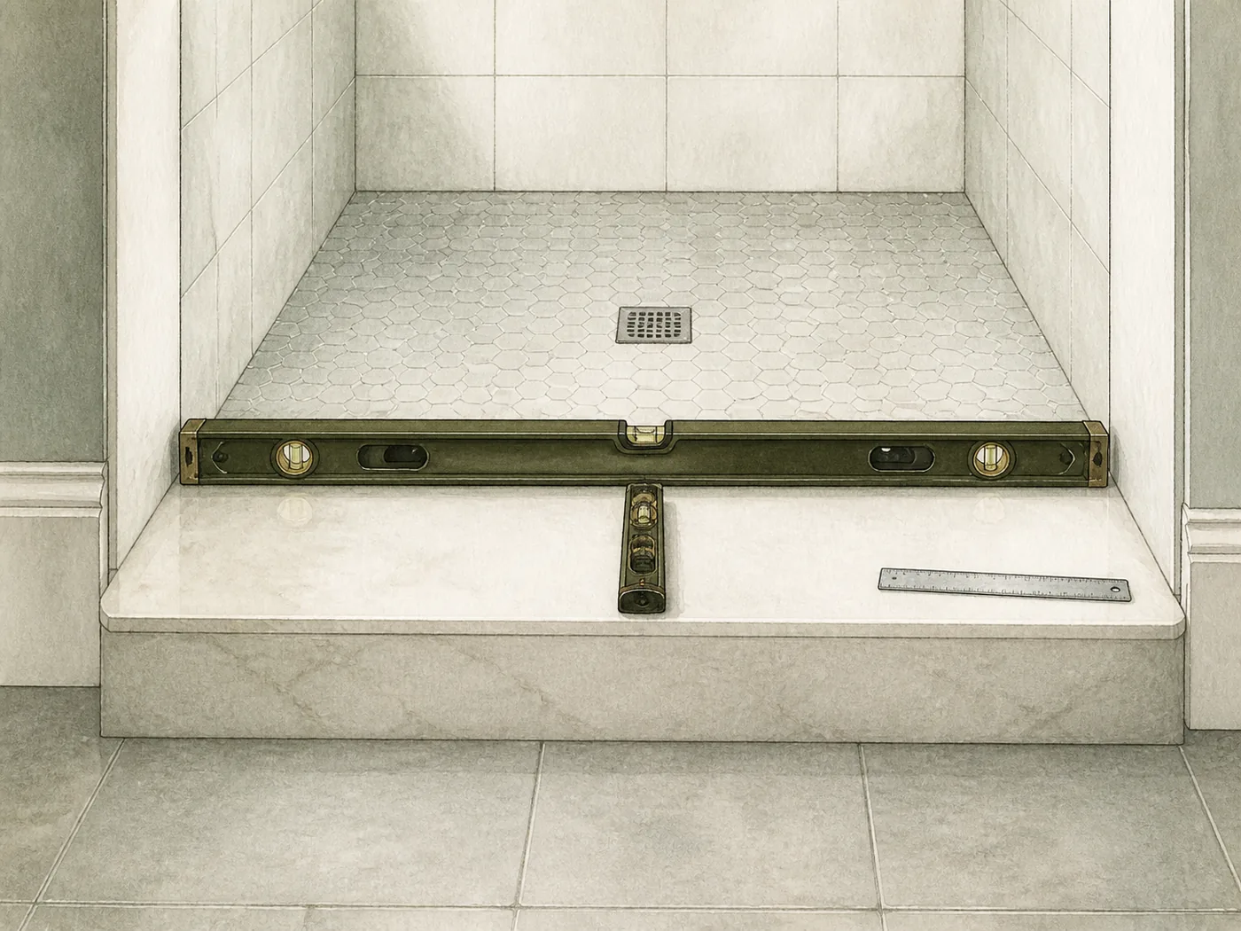 Long level spanning a shower curb with a torpedo level positioned front to back toward the shower drain