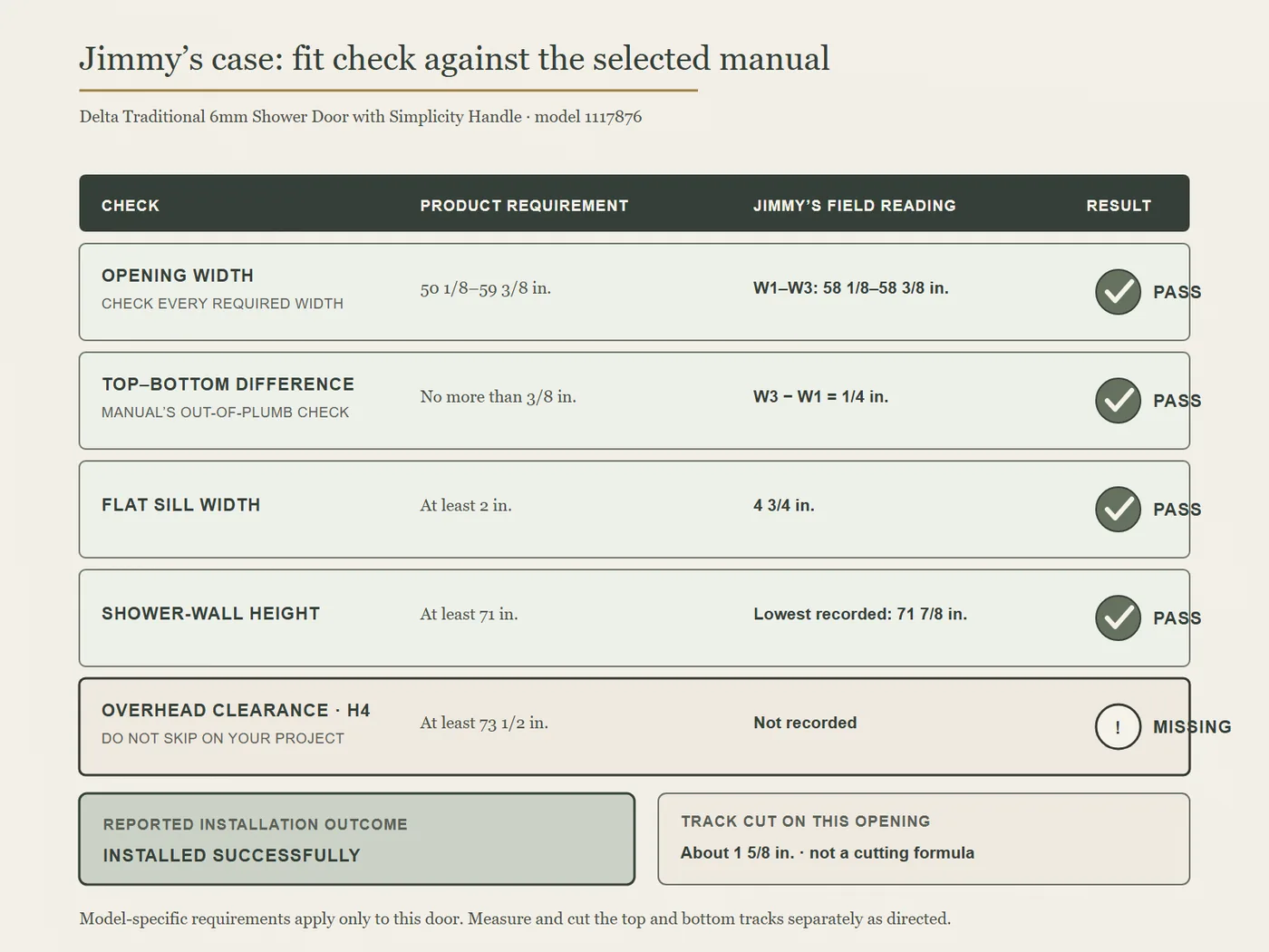 Product-manual fit check comparing Jimmy's measurements with the selected Delta sliding shower-door requirements