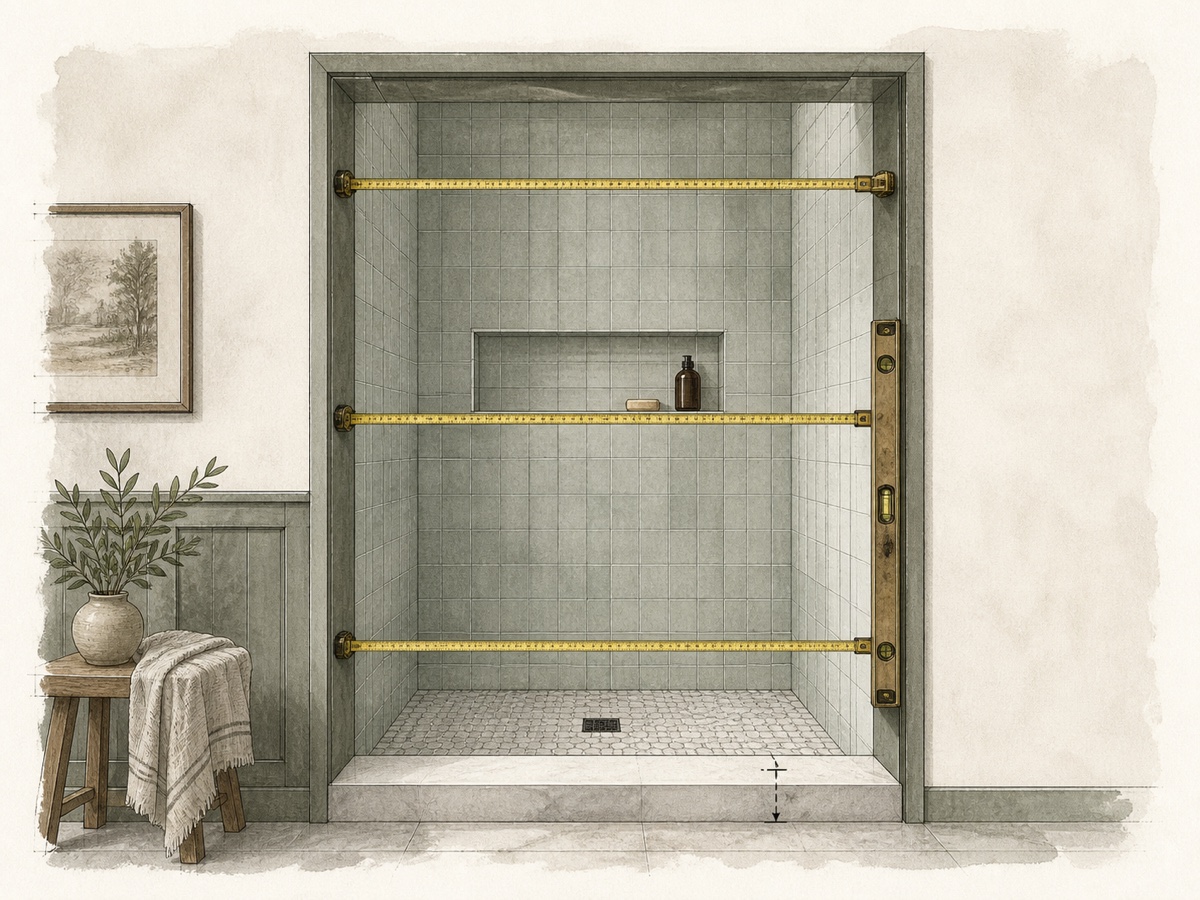 Editorial illustration of a finished shower opening being measured at three heights