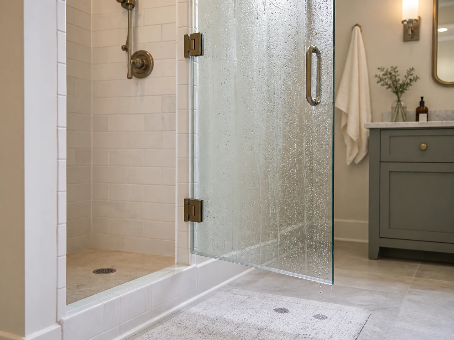 Photorealistic illustration of water dripping from the inner face of an open hinged shower door