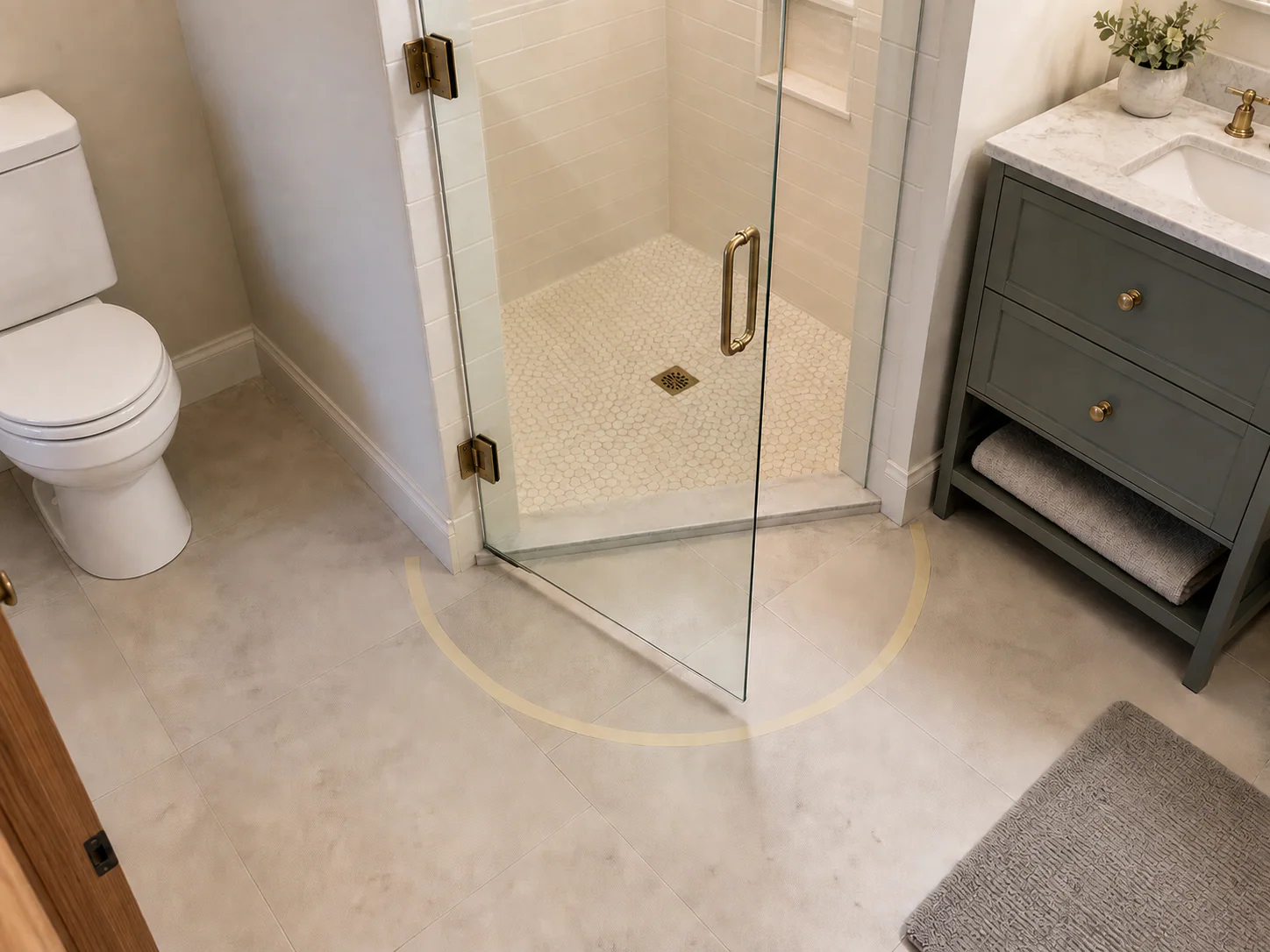 Photorealistic illustration of a hinged shower door clearance check marked with painter's tape