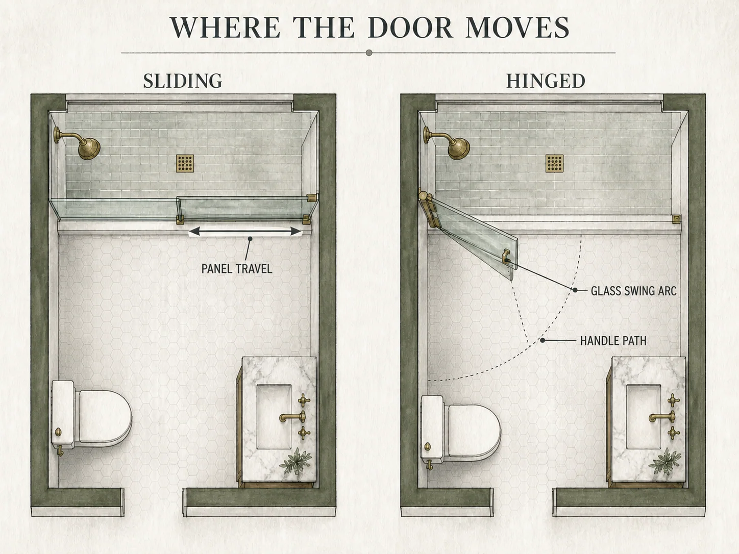 Top-view diagram comparing a hinged shower door swing arc with a sliding travel path
