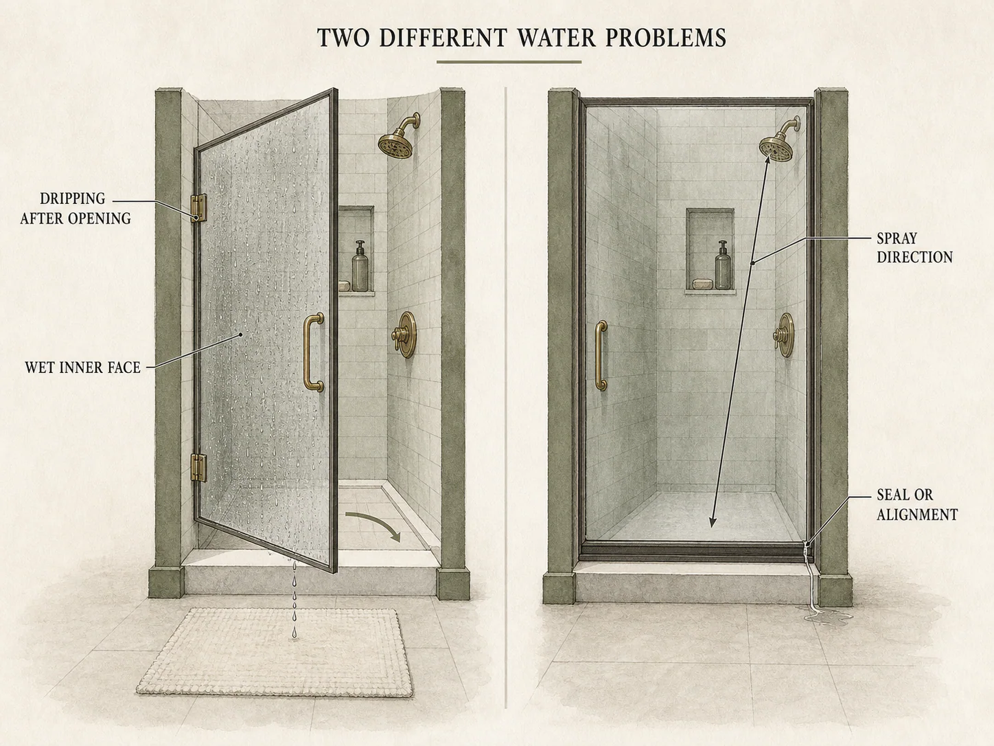 Diagram distinguishing water dripping after a shower door opens from leaking while the enclosure is closed