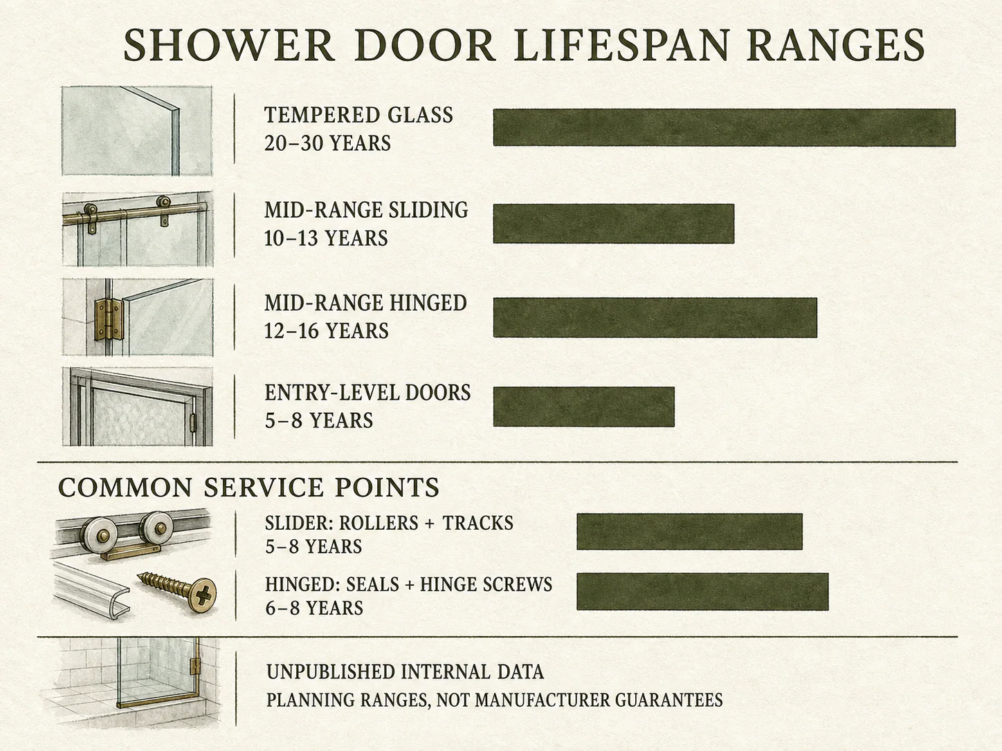 Chart showing shower door lifespan ranges and common service points based on internal planning data