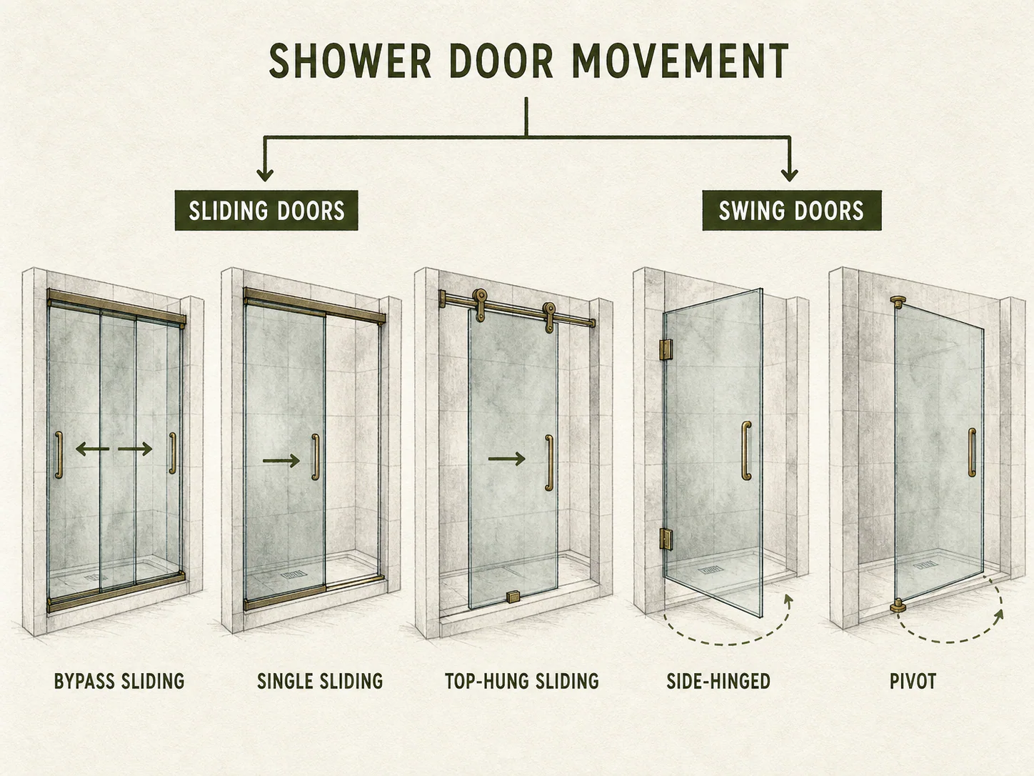 Diagram showing bypass, single-sliding, top-hung, side-hinged, and pivot shower door mechanisms