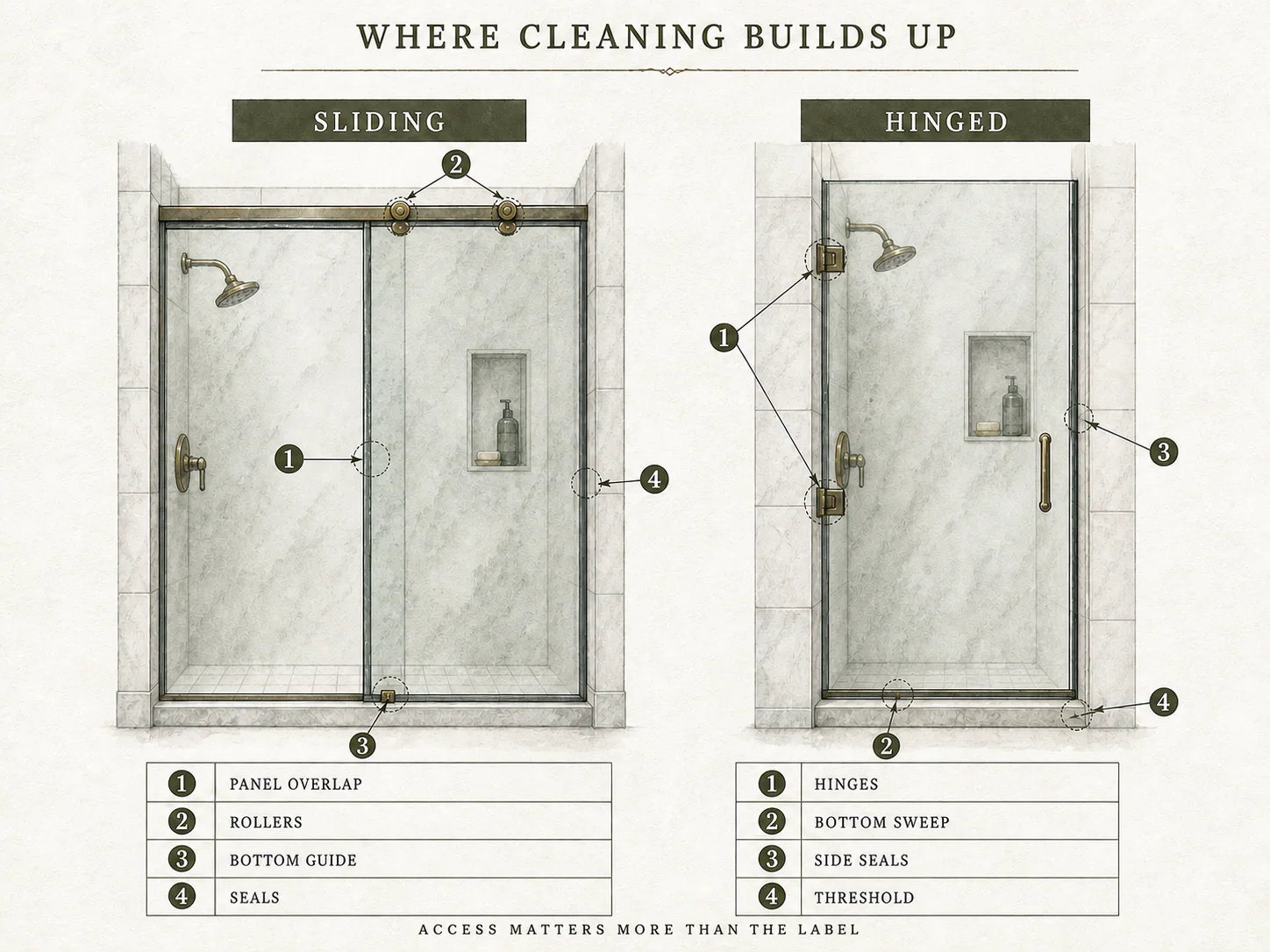 Diagram comparing cleaning hotspots on sliding and hinged shower doors