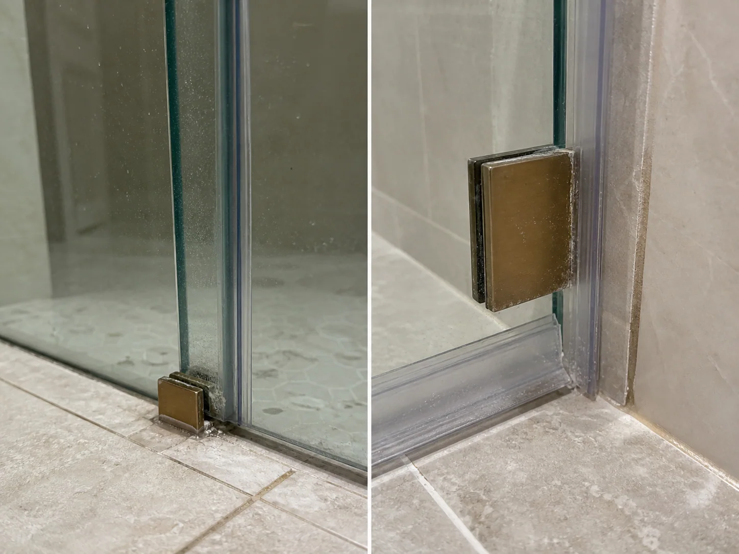 Photorealistic close-up comparison of sliding-door overlap and guide areas with hinged-door seals and hardware