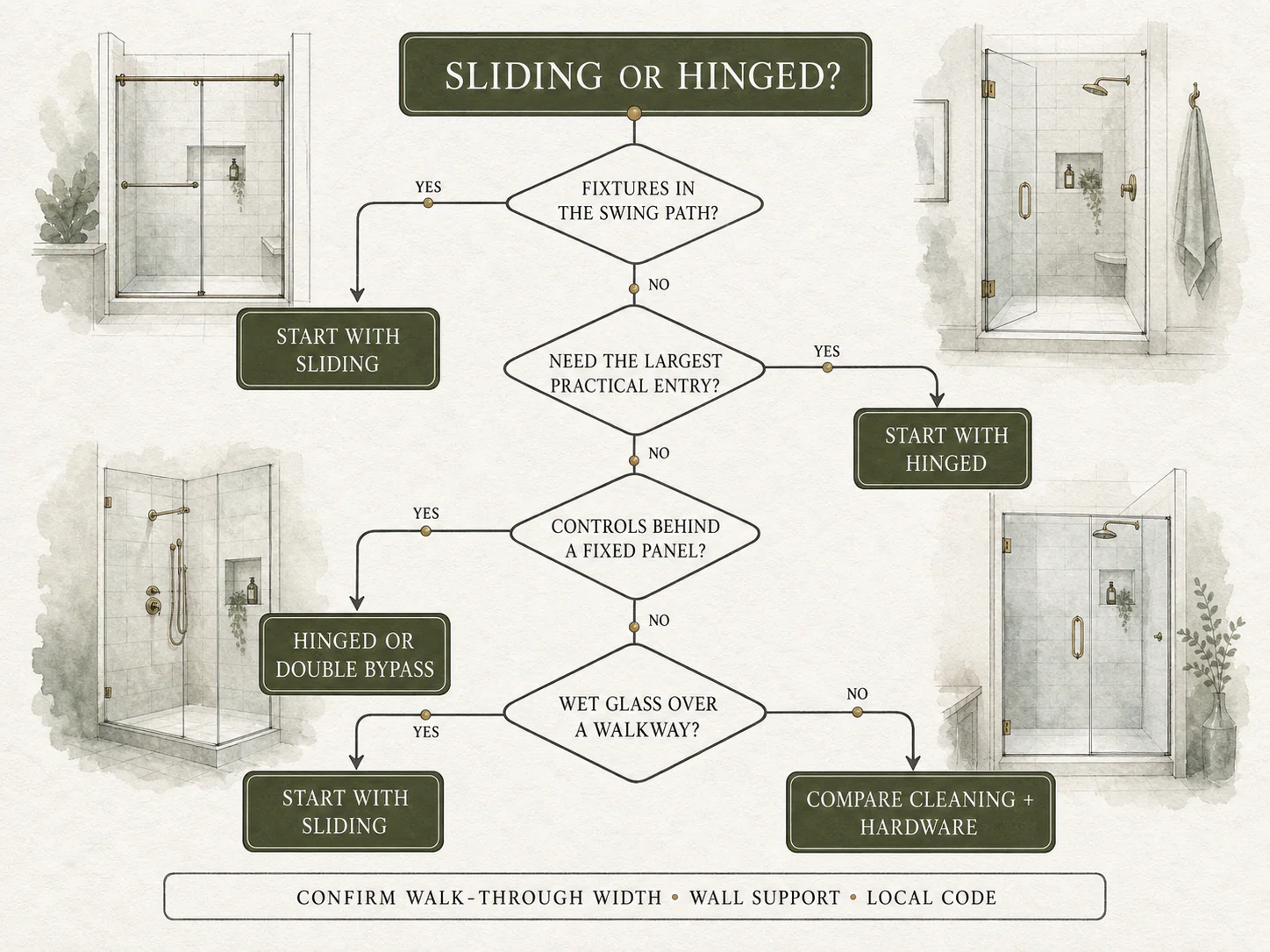 Decision flowchart for choosing a sliding or hinged shower door based on daily use