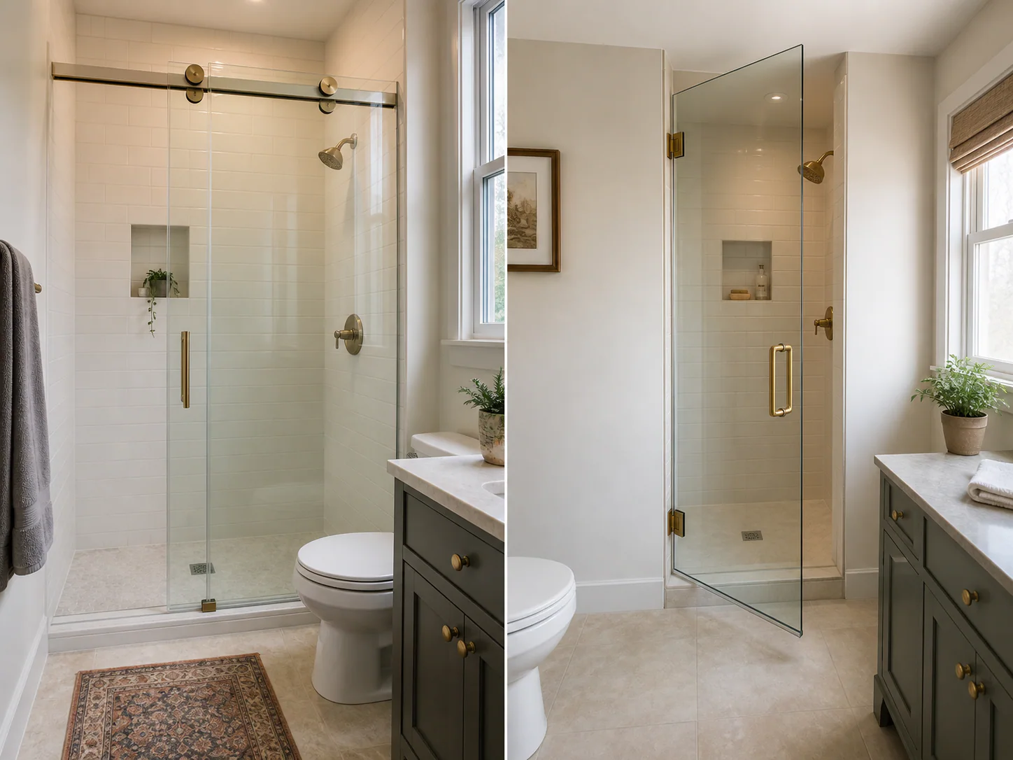 A sliding shower door in a compact bathroom beside a hinged shower door with a clear swing path