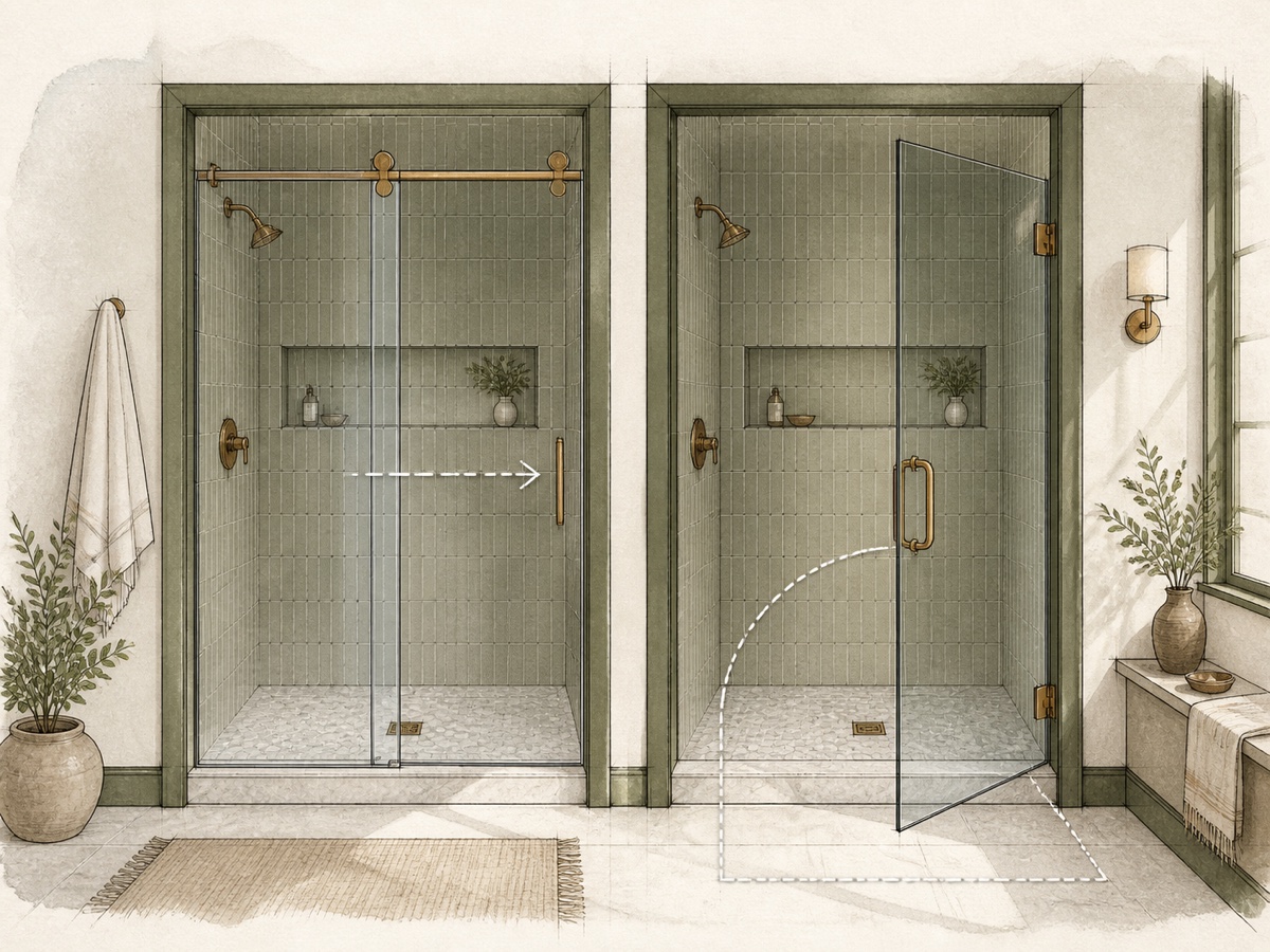 Editorial illustration comparing sliding and hinged shower doors in the same bathroom setting